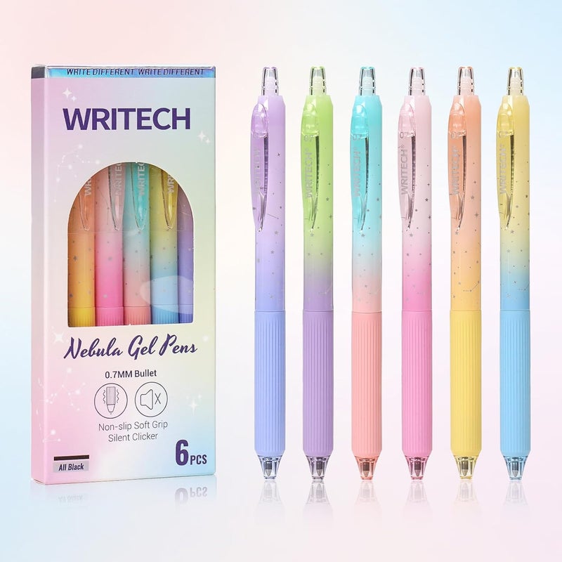 WRITECH Gel Pens Fine Point: Nebula Pen Set 0.7mm Black Ink Retractable 6ct Smooth Writing with Aesthetic Gradient Color Barrel for Journaling Note Taking Silent Click No Smear - Image 1